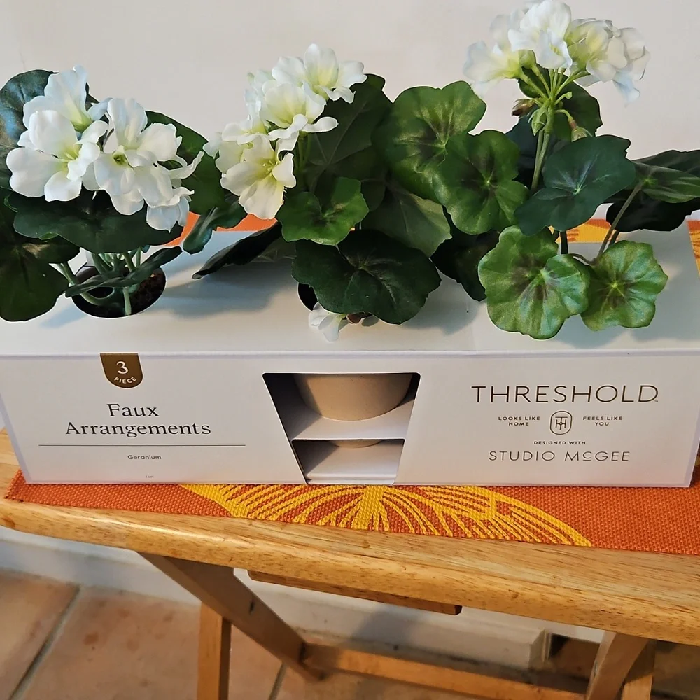 NWT Threshold Faux Floral Geraniums - White Blooms with Green Foliage. Set of 3